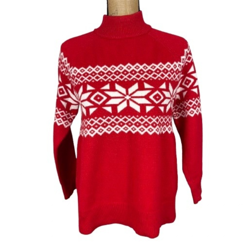 Talbots Red Fair Isle Snowflake Mock Neck Sweater Winter Holiday Medium Petite